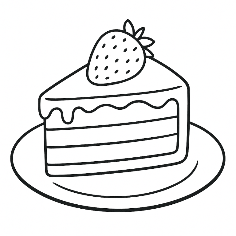 Coloring page of a cake slice with strawberry