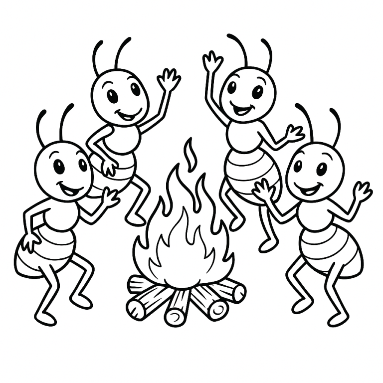 Four cartoon ants dancing around a campfire