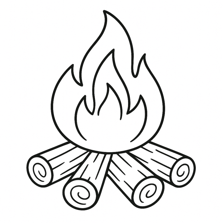 Campfire coloring page with logs and flames