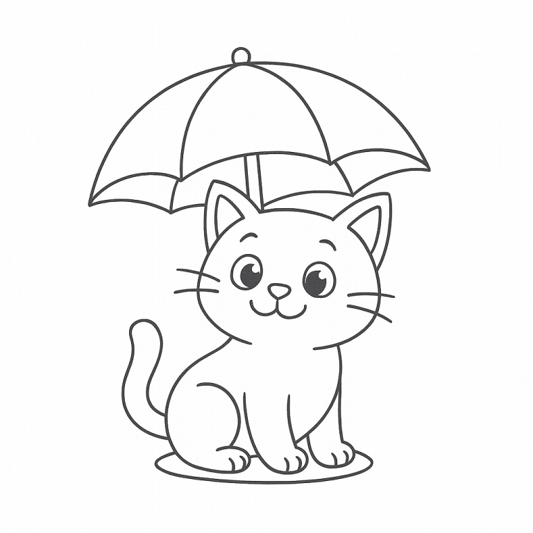 Cute cat sitting under an umbrella coloring page