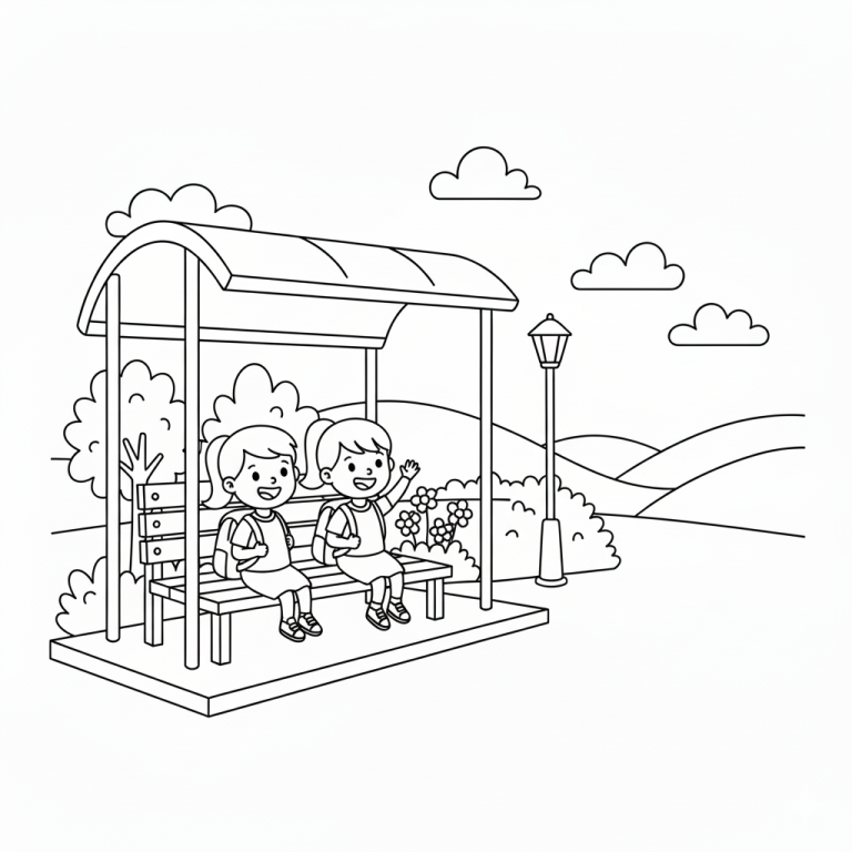 Children sitting at a bus stop with backpacks