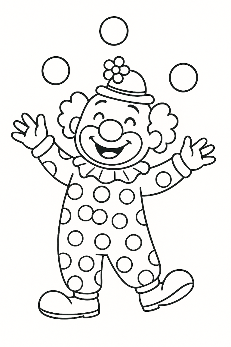 Clown coloring page with a joyful clown juggling balls