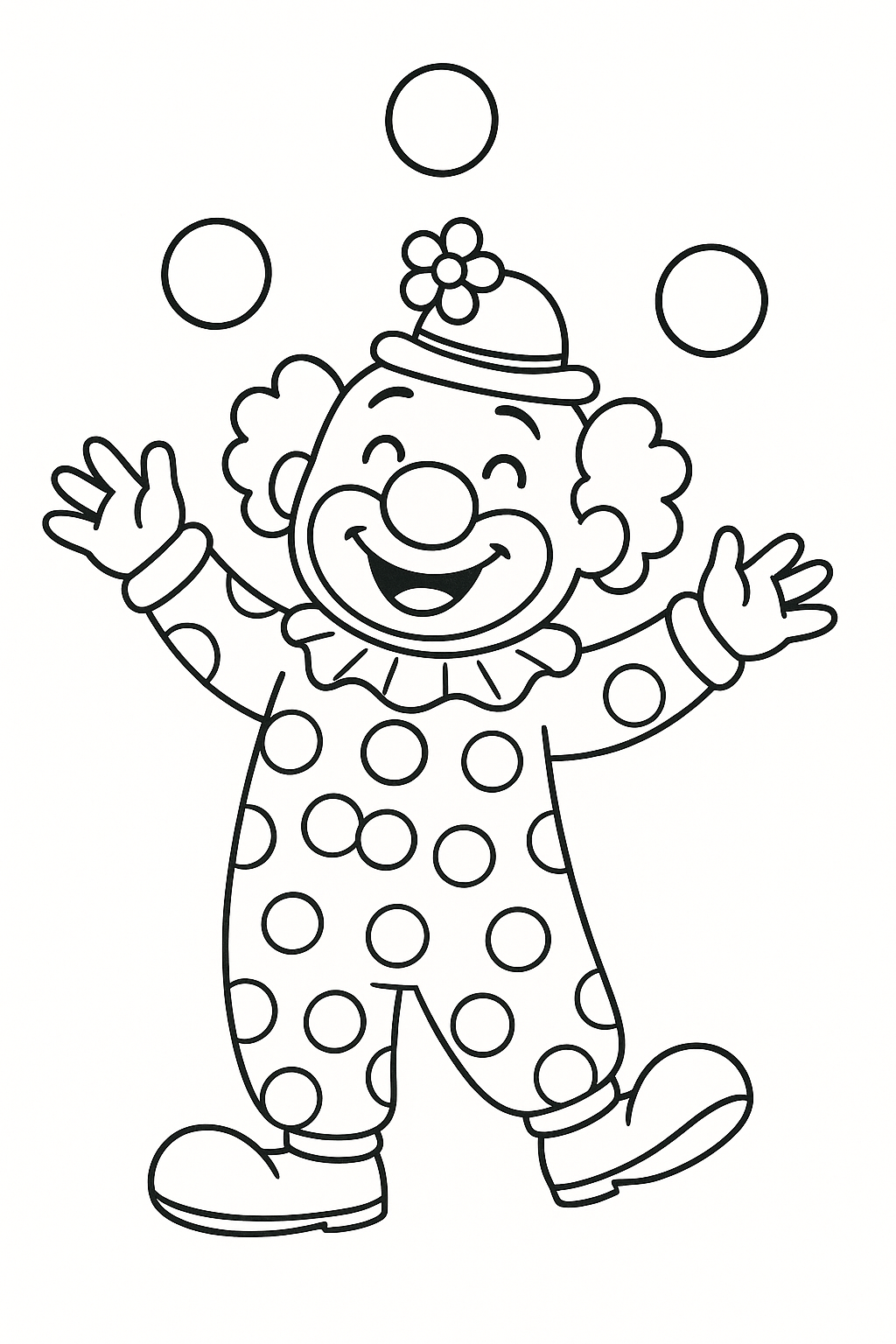 Clown coloring page with a joyful clown juggling balls