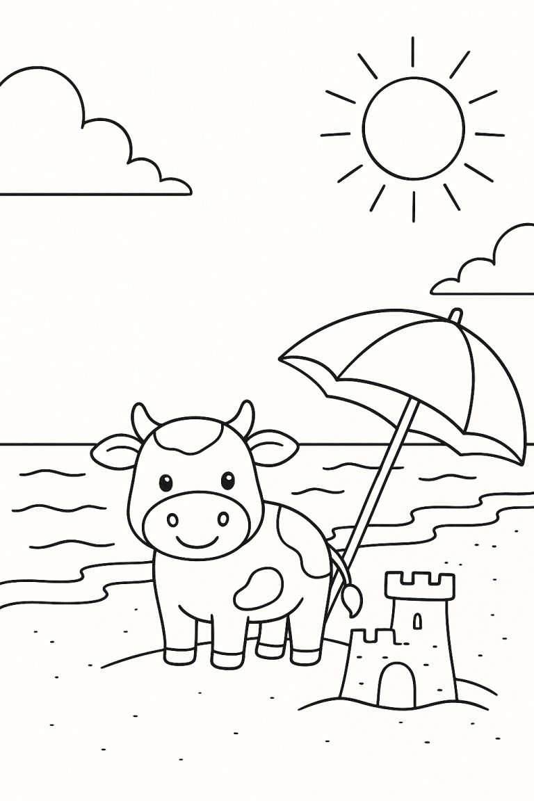 Cow at the beach with sandcastle and umbrella
