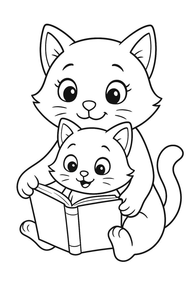 Cute cat reading a book coloring page