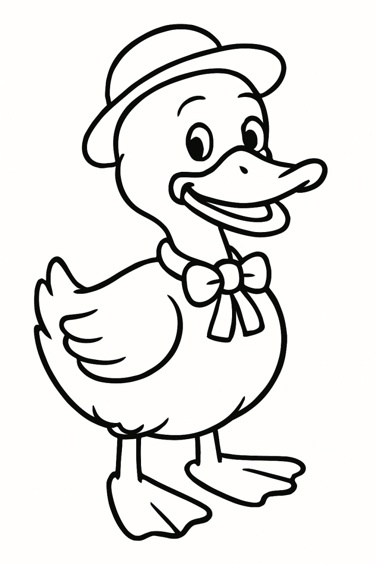 Cute duck wearing a hat and bow tie for coloring