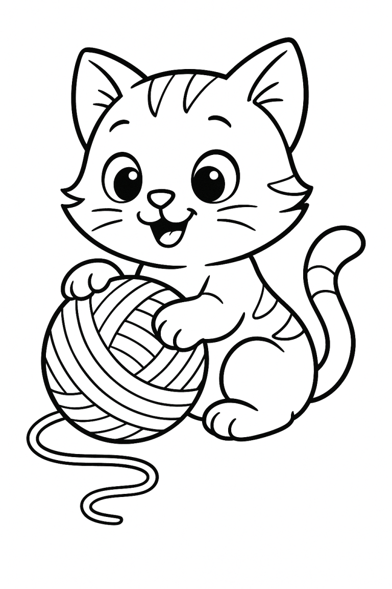 Cute kitten with yarn ball coloring page