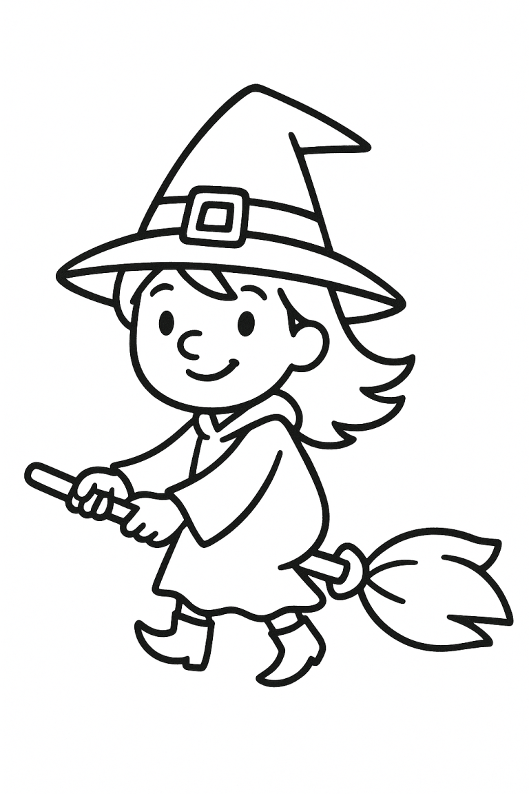 Cute witch on a broomstick coloring page