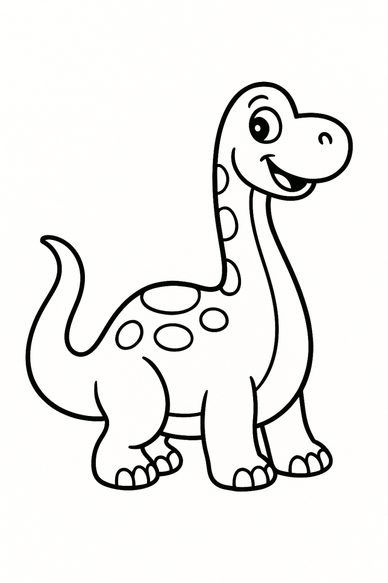 A smiling dinosaur coloring page for kids