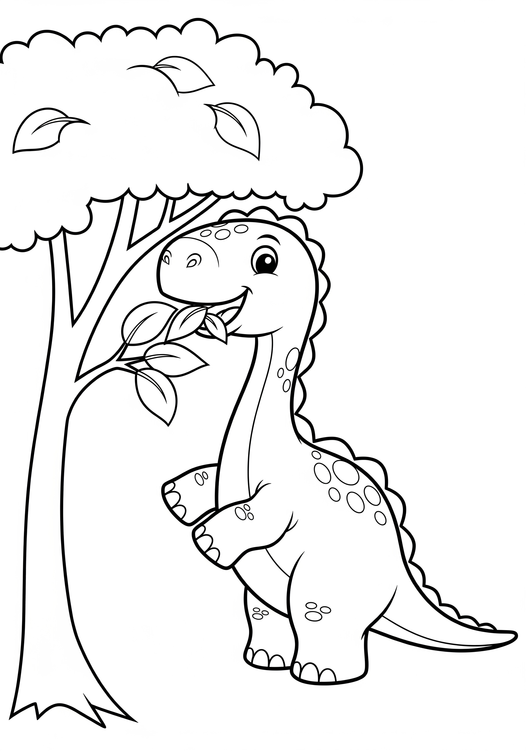 Dinosaur eating leaves from a tree, coloring page