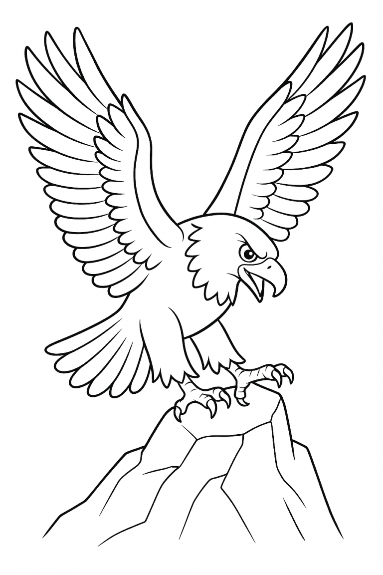 Eagle coloring page with an eagle perched on a rock