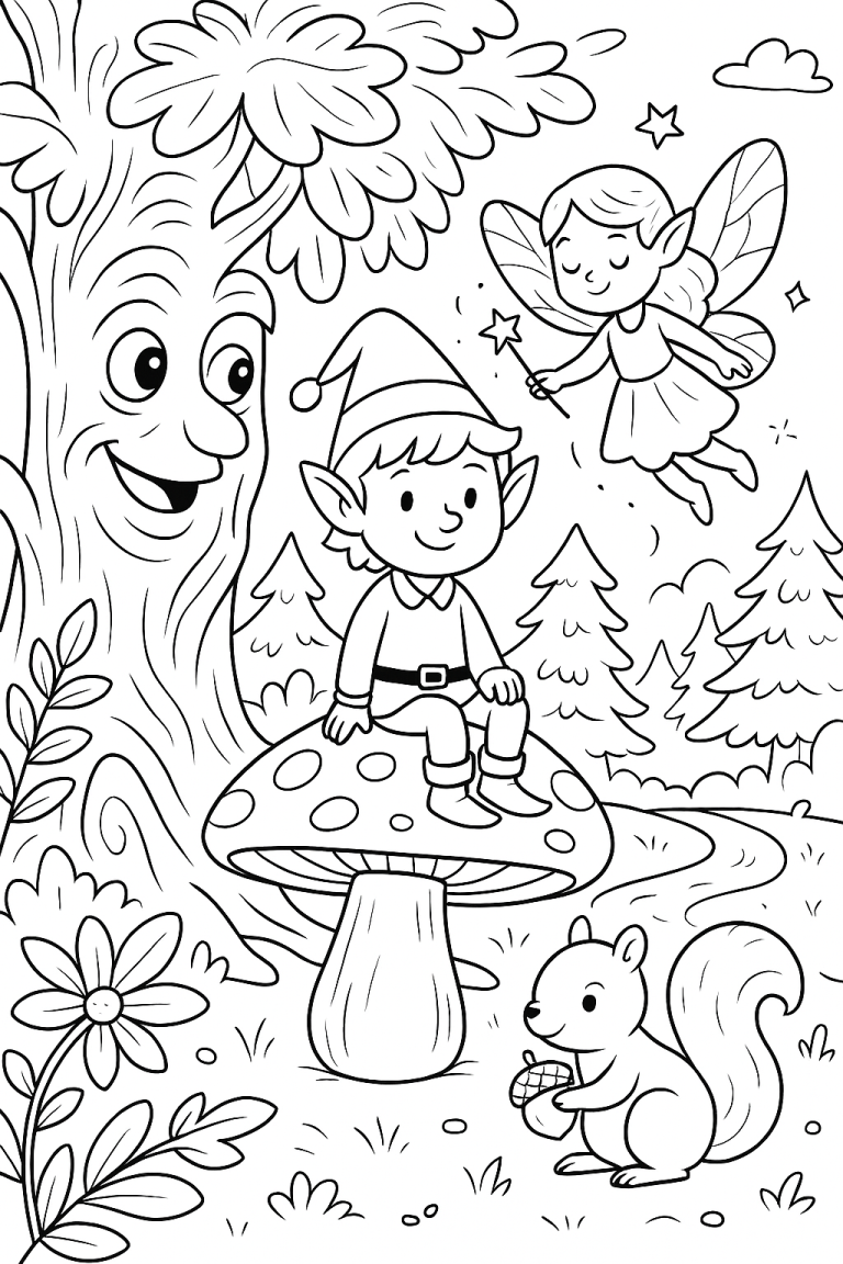 A fairy forest coloring page with elves, a fairy, a tree, and a squirrel.