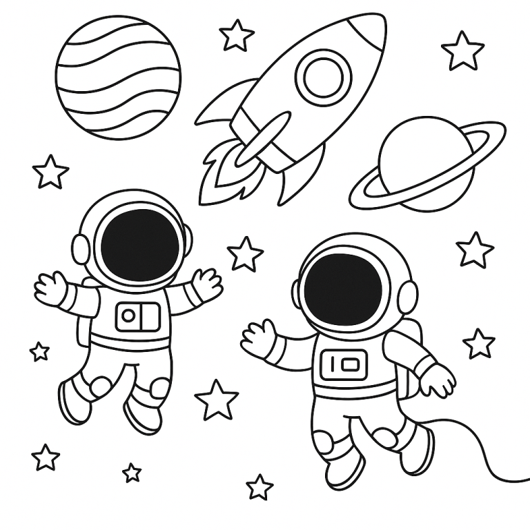 Two astronauts floating in space with a rocket, stars, and planets.