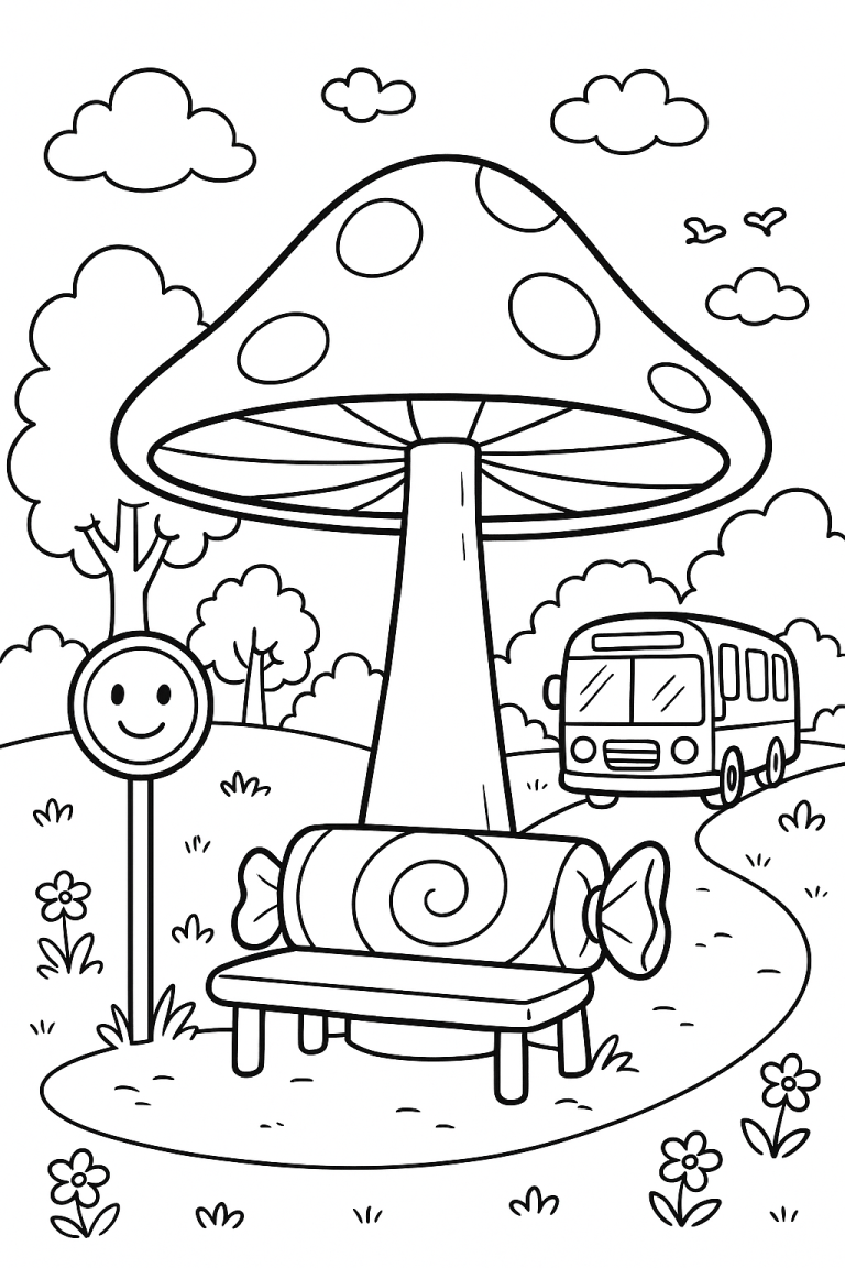 Whimsical fantasy landscape with giant mushroom, candy bench, and bus