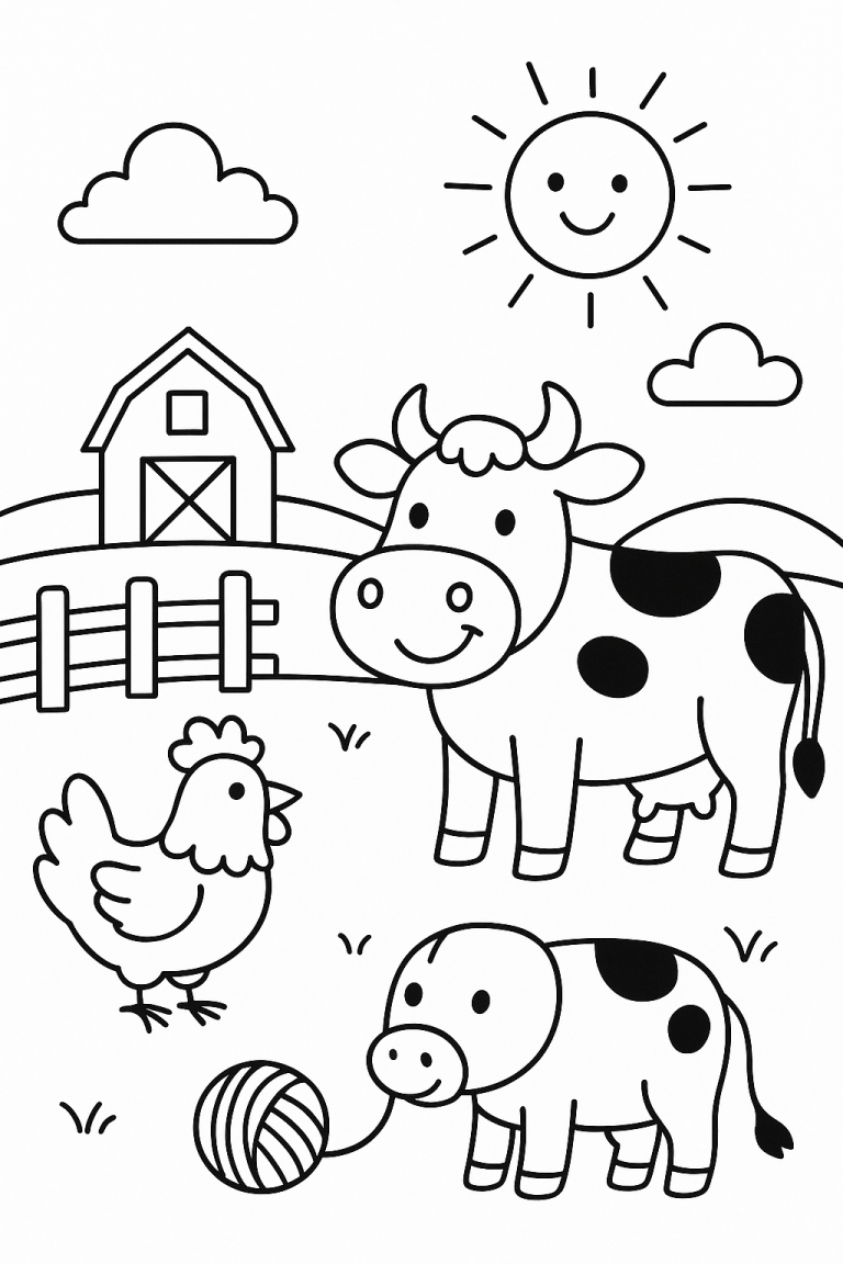 Farm animals coloring page with cow, chicken, and barn