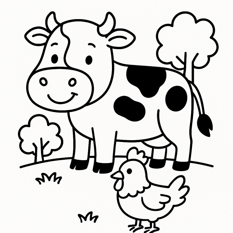 Coloring page of a cow and a chicken on a farm