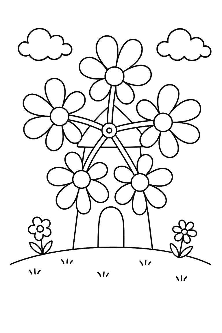Flower windmill coloring page with clouds