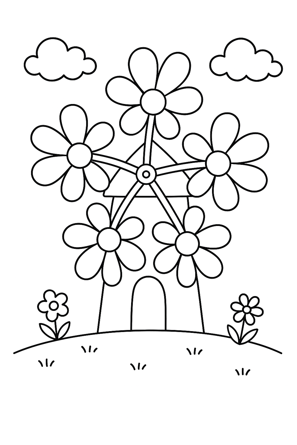 Flower windmill coloring page with clouds