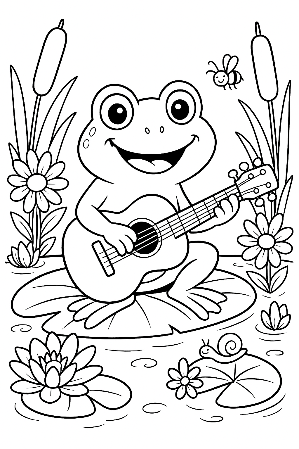 Frog playing guitar on lily pad