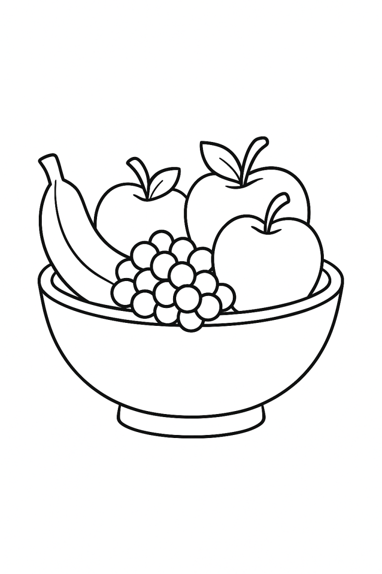 Fruit bowl coloring page with apples, banana, and grapes
