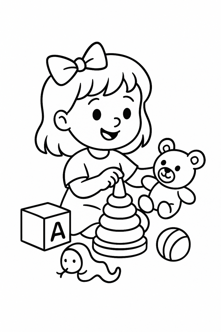 Coloring page of a girl playing with toys