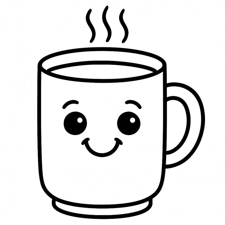 Coloring page of a happy coffee mug with a smile