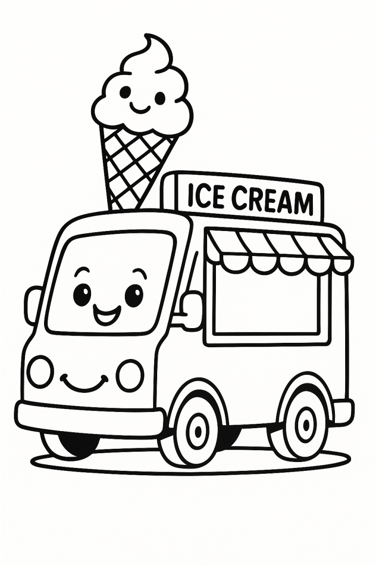 Cute cartoon ice cream truck coloring page