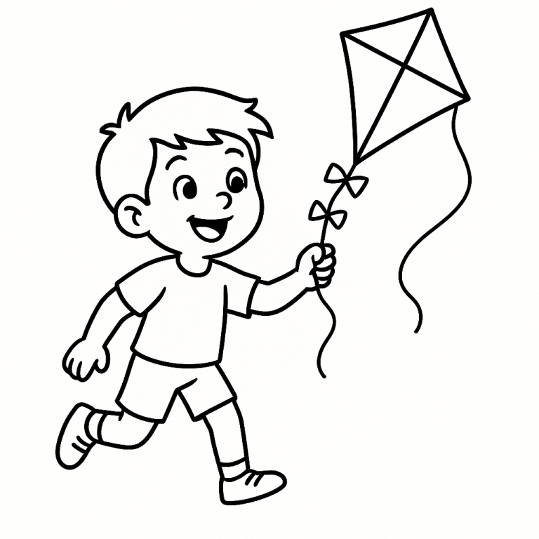 Child flying a kite coloring page