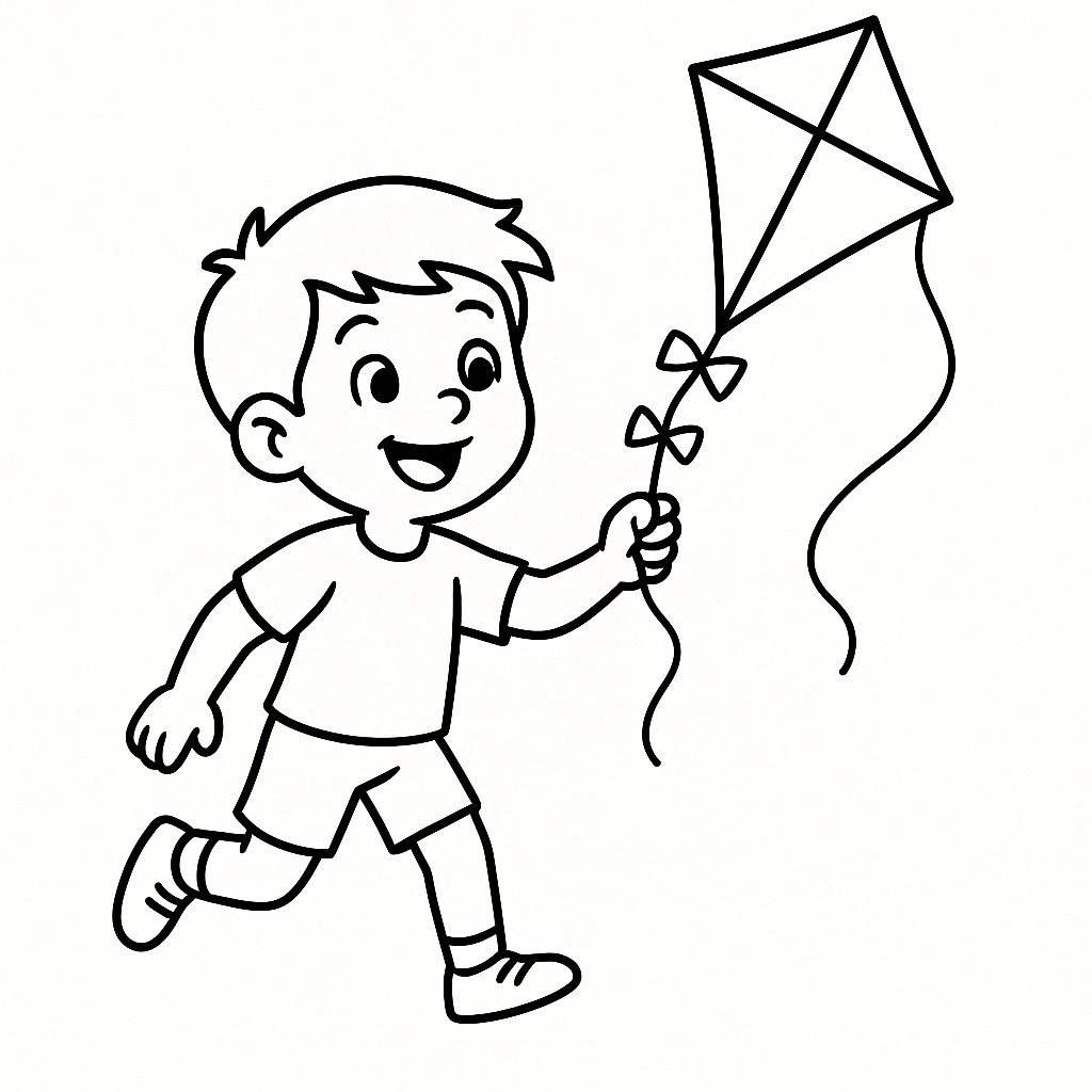 Child flying a kite coloring page