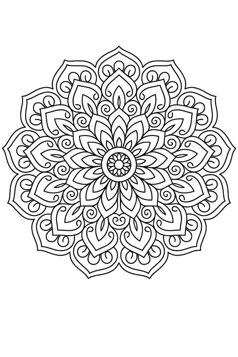 Black and white intricate mandala sketch with floral patterns.