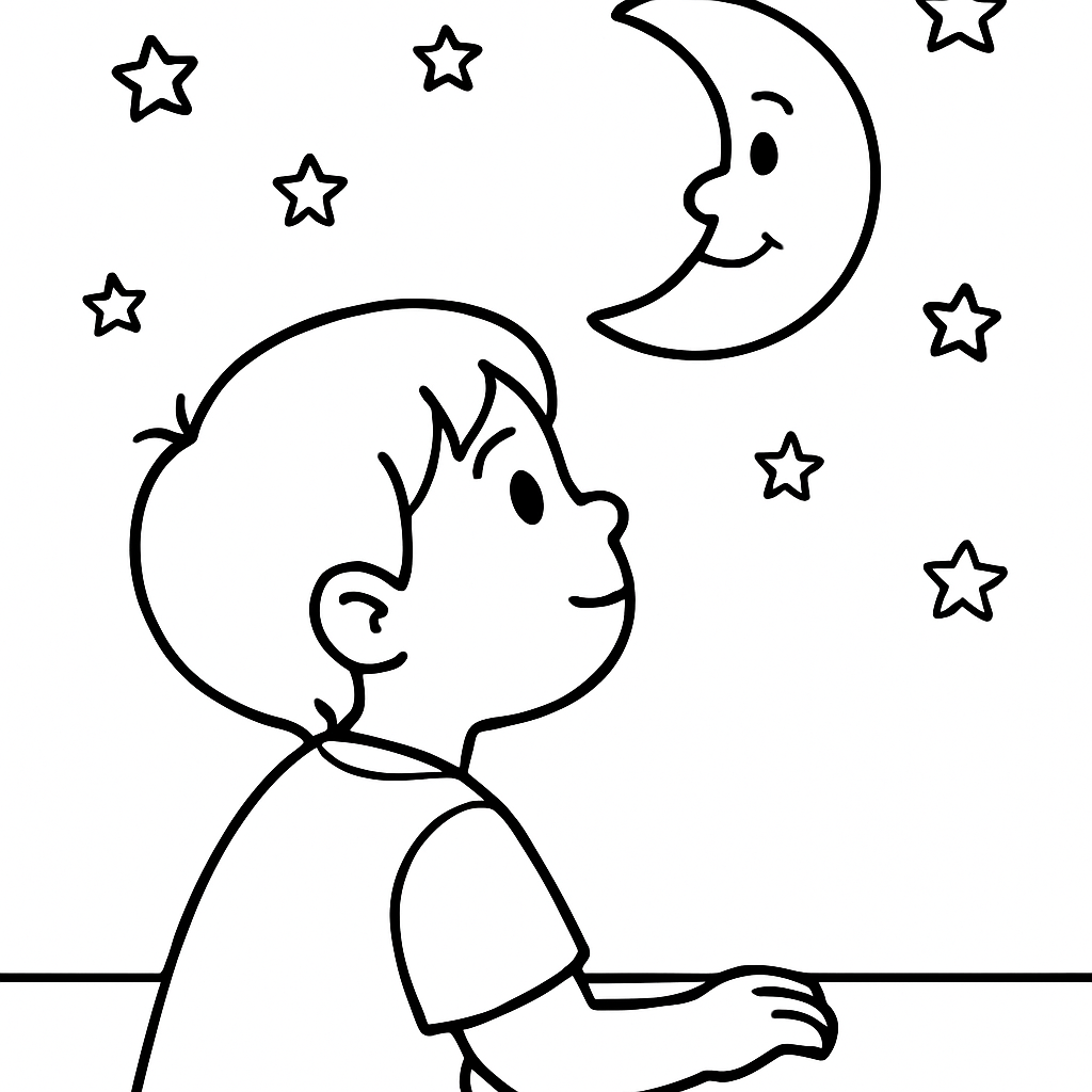 Child looking at moon surrounded by stars