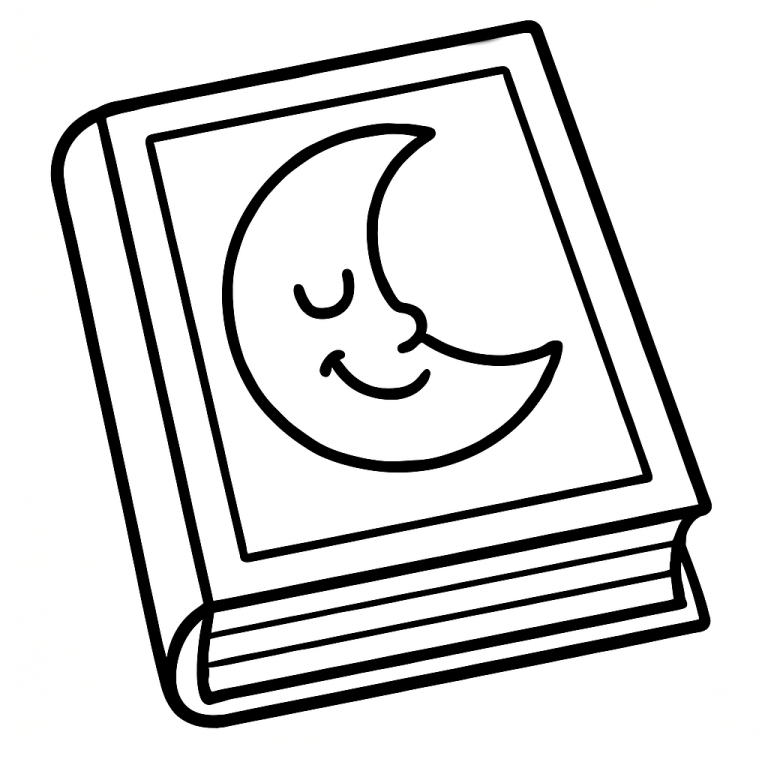 Coloring page of a book with a smiling crescent moon on the cover