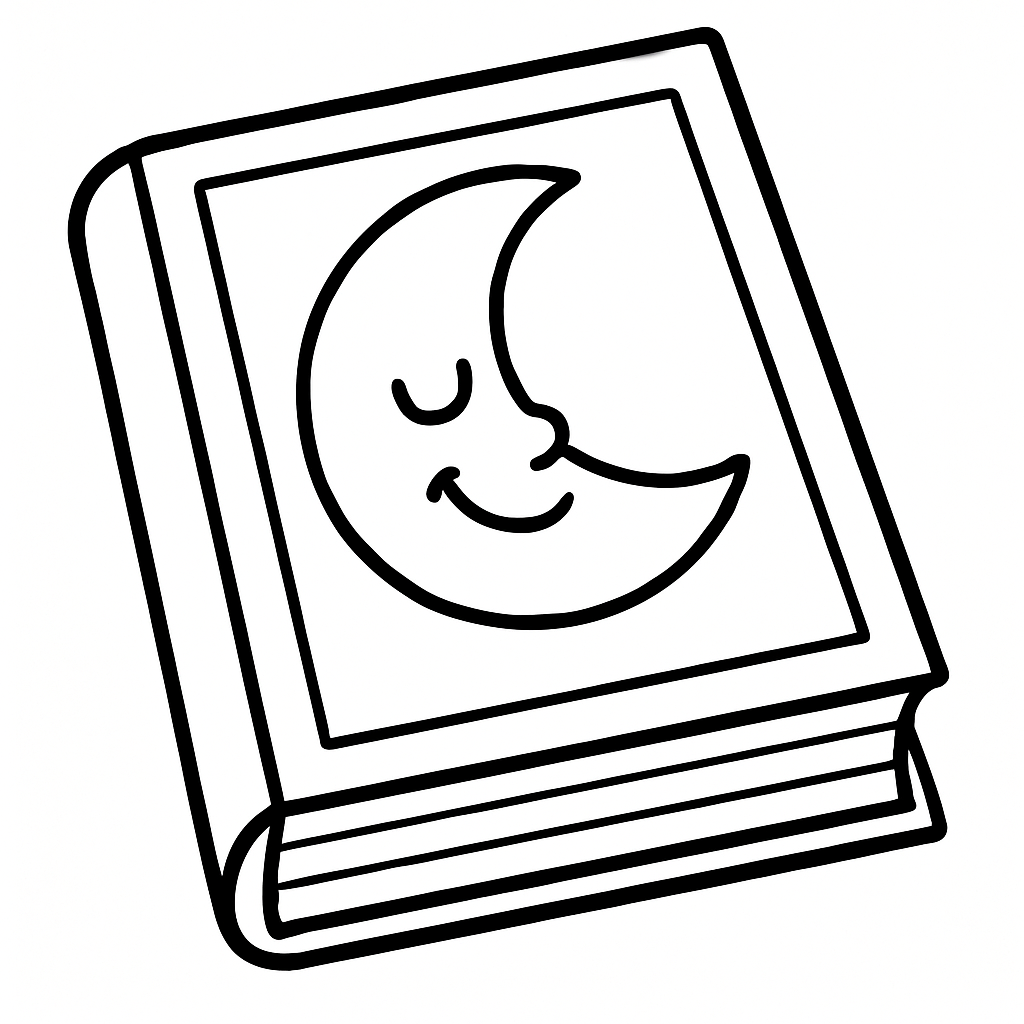 Coloring page of a book with a smiling crescent moon on the cover