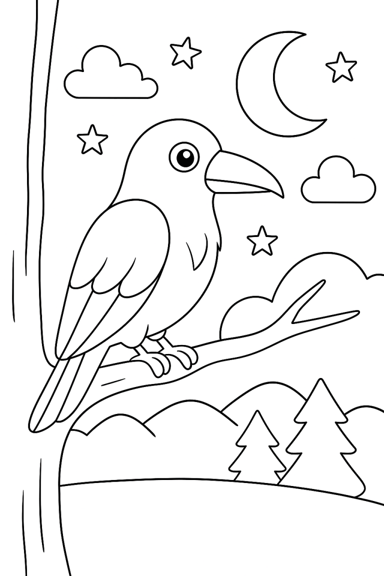 Coloring page with night owl on a branch under the moon and stars.