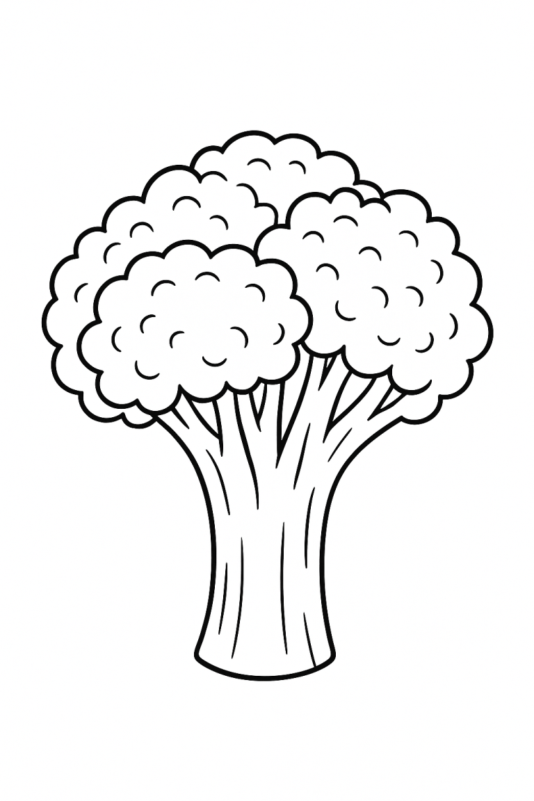 A black and white sketch of broccoli with bold outlines for coloring.