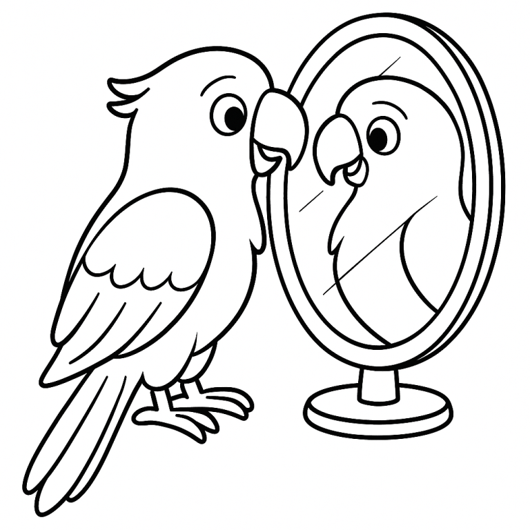 Parrot looking into a mirror coloring page
