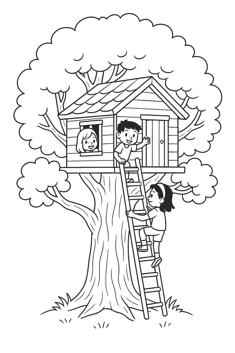Children playing in a treehouse, one climbing a ladder.