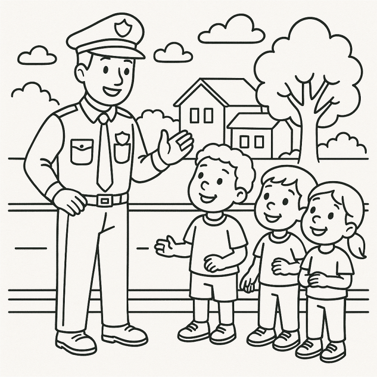 Children's coloring page of a police officer and kids