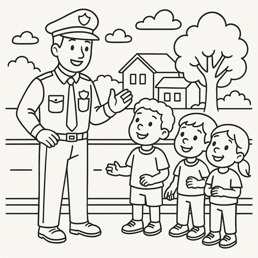Children's coloring page of a police officer and kids
