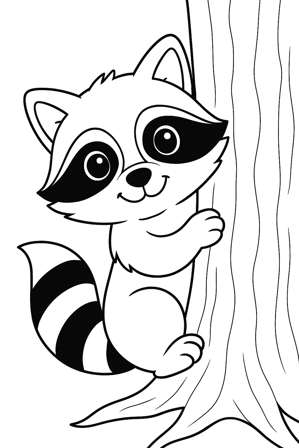Cute raccoon behind a tree coloring page