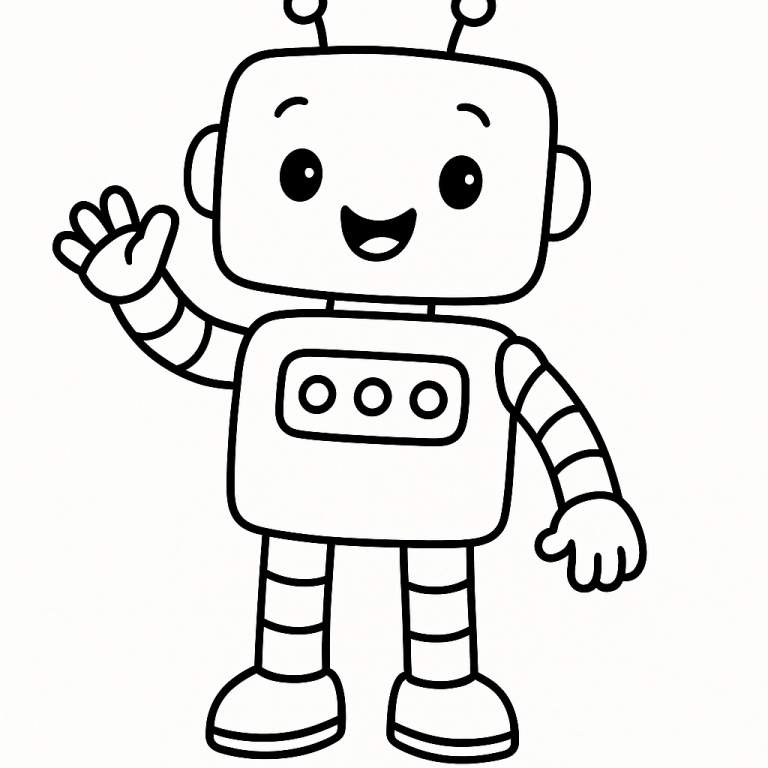 Cheerful robot waving on coloring page