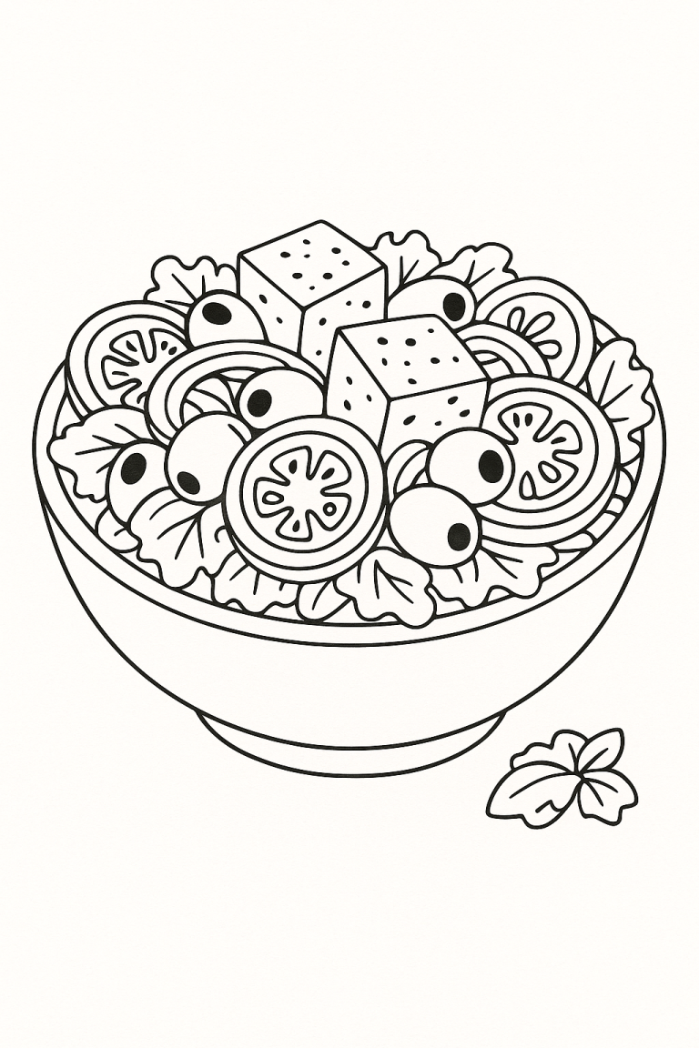 Children's salad coloring page with various vegetables