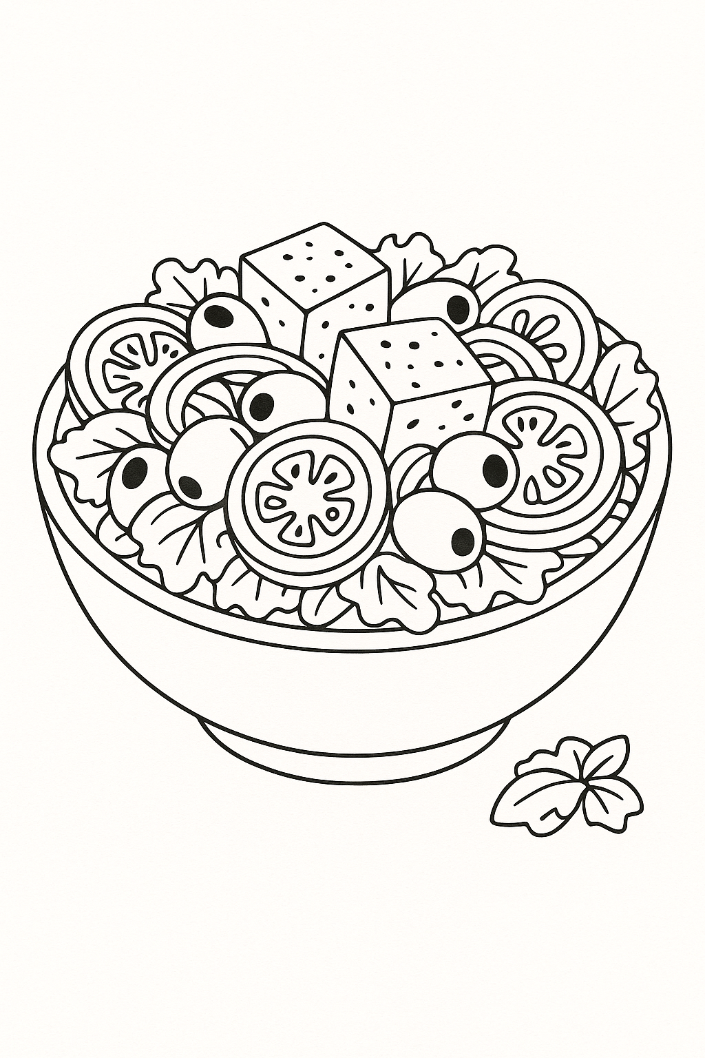 Children's salad coloring page with various vegetables