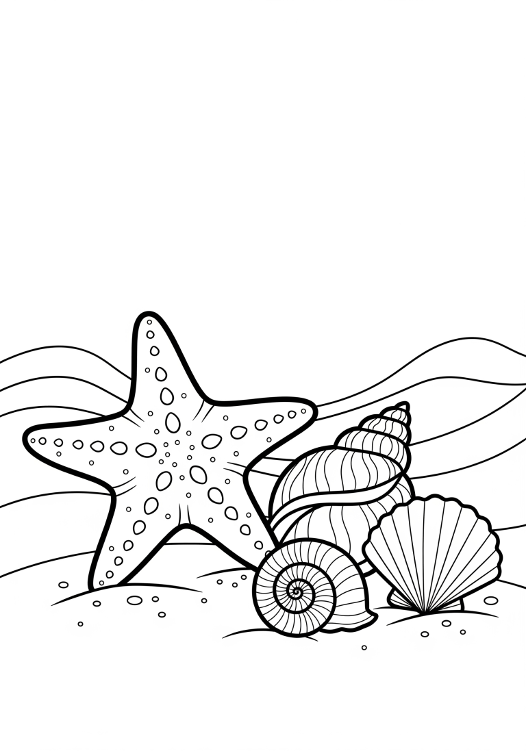 Coloring page with starfish and seashells