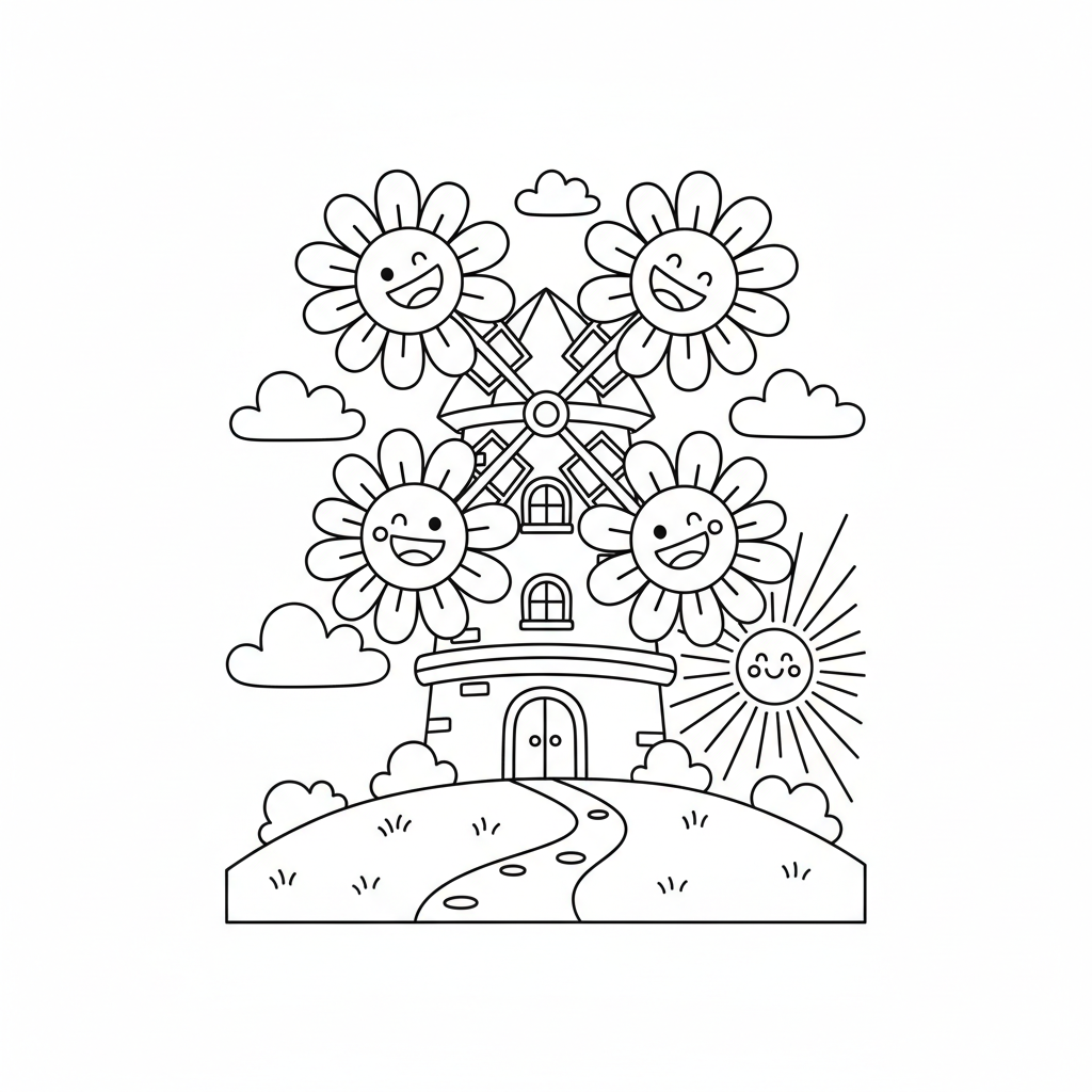 Coloring page of a windmill with smiling flowers
