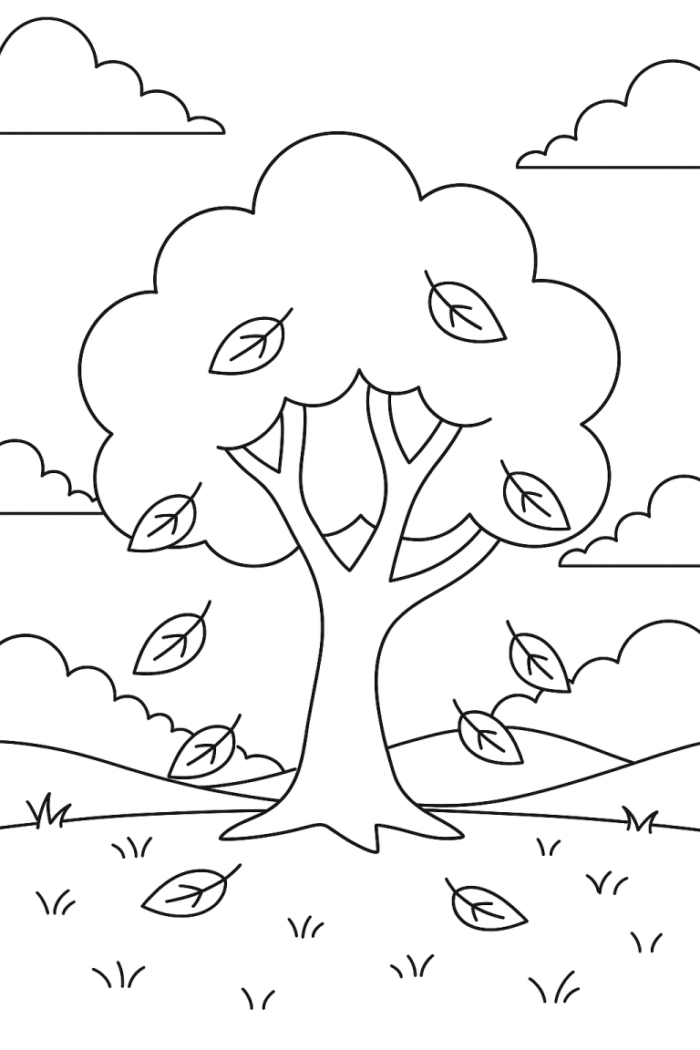 Simple tree coloring page with falling leaves