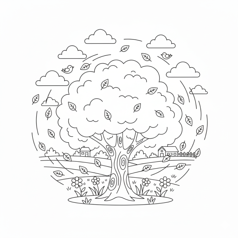 Tree in a landscape with birds and clouds