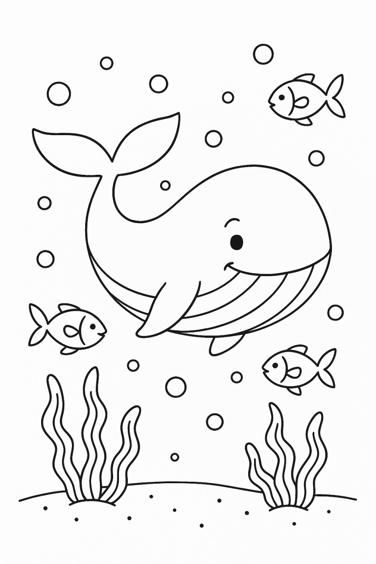 A smiling whale with fish and seaweed in an underwater scene.