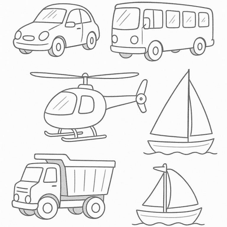 Children's coloring page with various vehicles