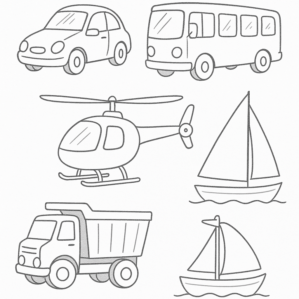 Children's coloring page with various vehicles